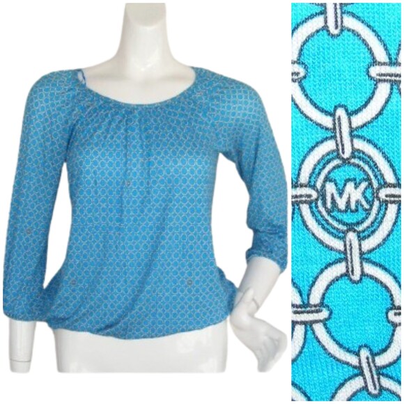 MICHAEL KORS Blouse/Top, XS, LOGO, Blue Interlinked Chains print, MK - Picture 1 of 11